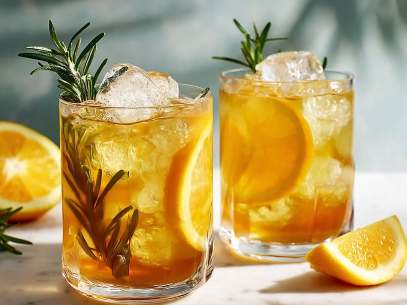 Zwei Gläser mit Orangen-Rosmarin-Eistee.
