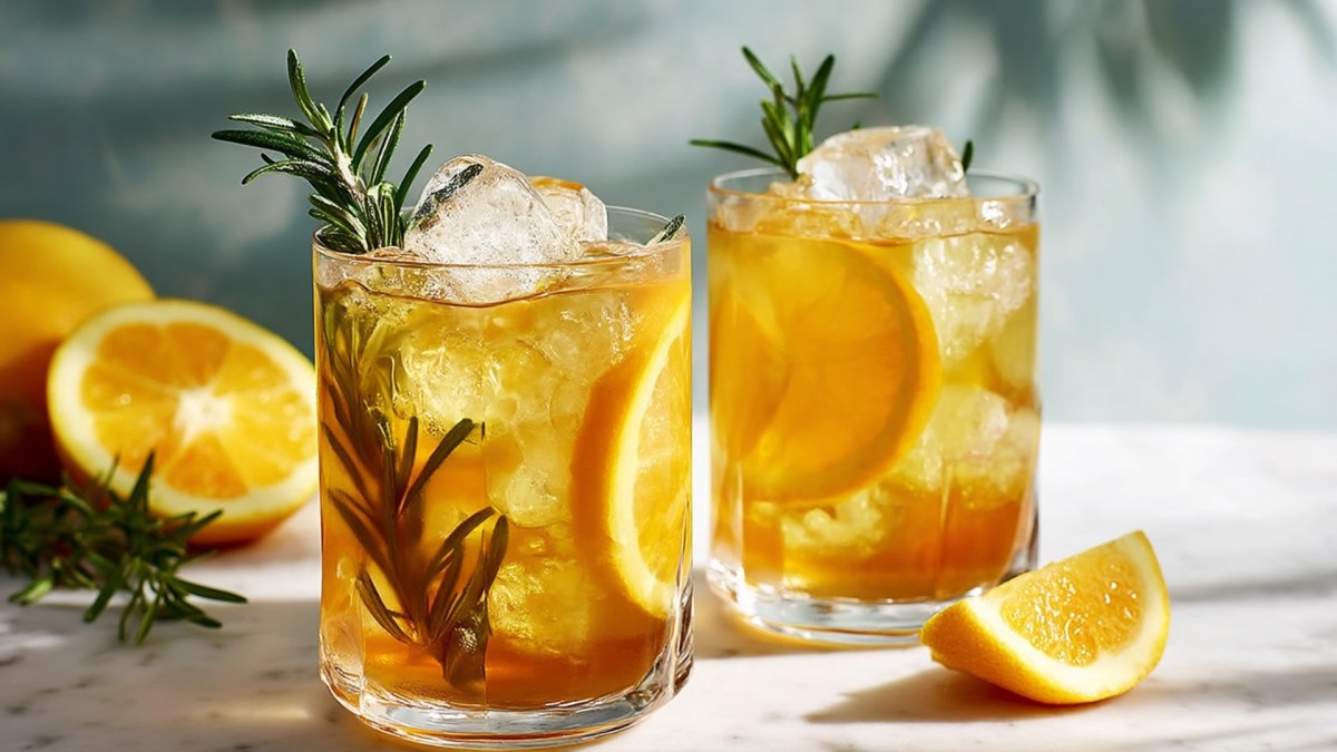 Zwei Gläser mit Orangen-Rosmarin-Eistee.