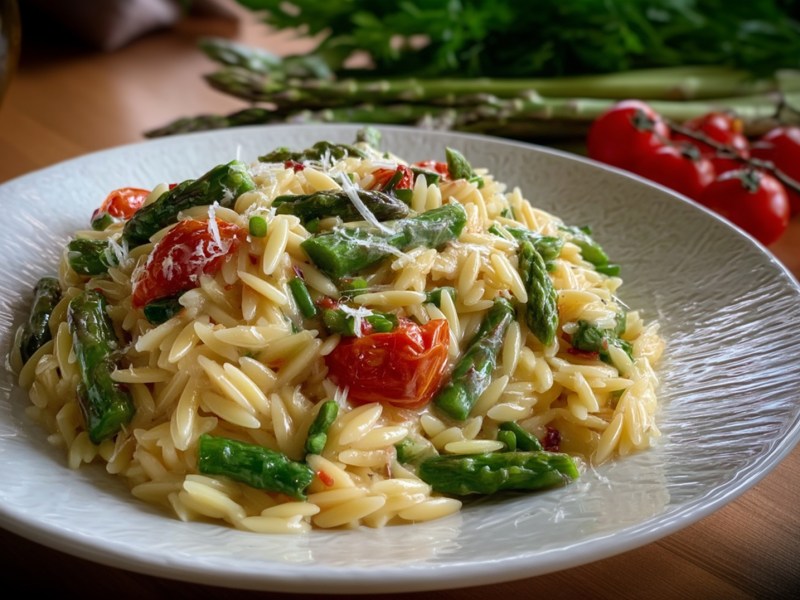 Teller mit Orzo-Spargel-Pfanne.