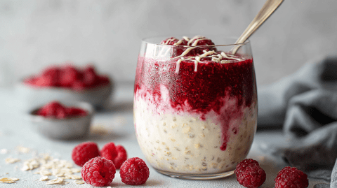 Ein Glas mit Overnight Oats mit weißer Schokolade und Himbeeren. Im Glas steckt ein goldener Löffel. Ringsum liegen einzelne Himbeeren und Haferflocken herum. Im Hintergrund kann man Schalen mit Himbeeren erkennen.