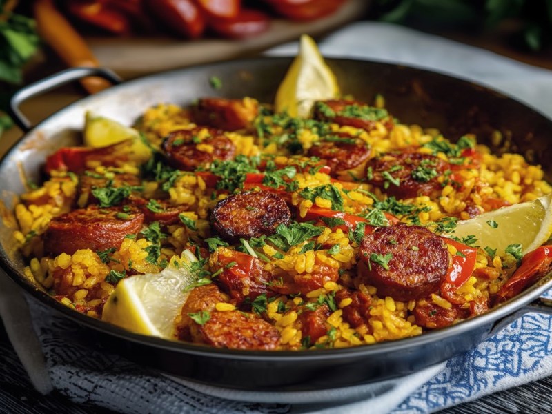 Eine Pfanne Paella mit Chorizo.