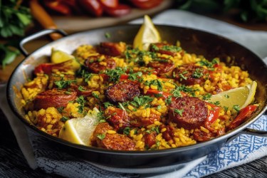 Eine Pfanne Paella mit Chorizo.
