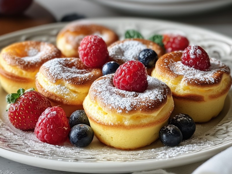 Mehrere Pancake-Mini-Muffins mit Puderzucker und frischen Früchten auf einem Teller.