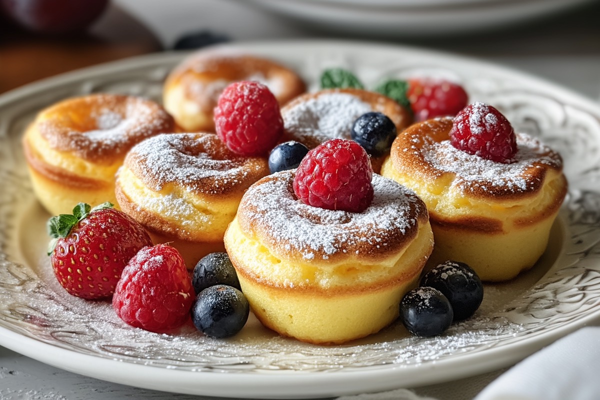 Mehrere Pancake-Mini-Muffins mit Puderzucker und frischen Früchten auf einem Teller.