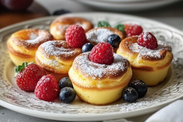 Mehrere Pancake-Mini-Muffins mit Puderzucker und frischen Früchten auf einem Teller.