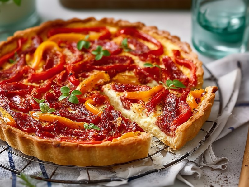 Eine Paprika-Salami-Quiche, die auf einem runden Gitter liegt. Das Gitter liegt auf einem Küchenhandtuch. Ringsum kann man Zutaten und Küchenutensilien erkennen.