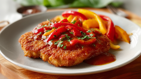 Ein Paprikaschnitzel liegt auf einem Teller. Es ist mit etwas Soße übergossen und mit Paprikastreifen versehen. Im Hintergrund sieht man noch etwas Salat.