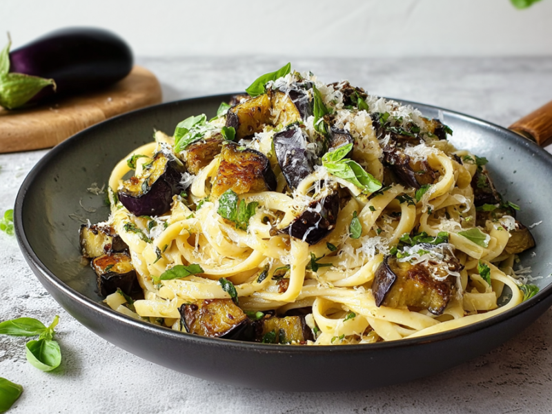 Eine Pfanne voll Pasta aglio e olio mit Aubergine, die mit Parmesan und frischem Basilikum garniert ist. Ringsum liegt eine Aubergine, frische Basilikumblätter sowie Knoblauch. Außerdem ist ein Stück Hartkäse und ein Glasgefäß mit Öl zu sehen.