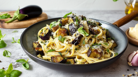 Eine Pfanne voll Pasta aglio e olio mit Aubergine, die mit Parmesan und frischem Basilikum garniert ist. Ringsum liegt eine Aubergine, frische Basilikumblätter sowie Knoblauch. Außerdem ist ein Stück Hartkäse und ein Glasgefäß mit Öl zu sehen.