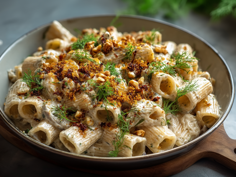 Ein Teller voll Pasta mit cremiger Auberginensoße, die mit frischem Dill und knusprigen Semmelbröseln garniert ist. Der Teller steht auf einem Holzbrett. Ringsum liegt Knoblauch, einzelne Nüsse sowie frischer Dill und Zitrone.