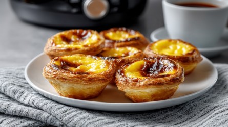 Teller mit Pastel de Nata aus der Heißluftfritteuse und Airfryer im Hintergrund