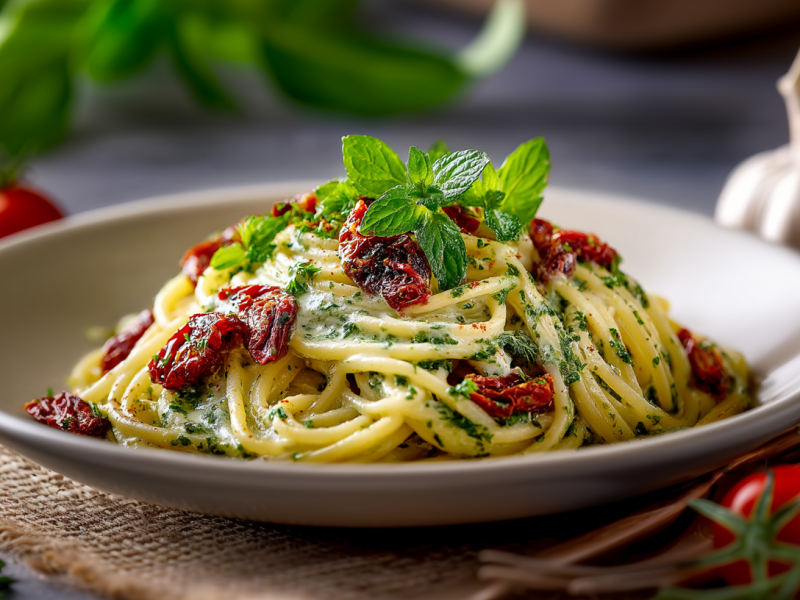 Ein Teller mit Pesto-Senf-Pasta auf einem braunen Unterleger. Vor dem Teller liegt etwas frischer Rosmarin sowie einige frische Tomaten. Im Hintergrund sieht man weitere Tomaten, etwas frischen Salat und eine Knoblauchknolle.