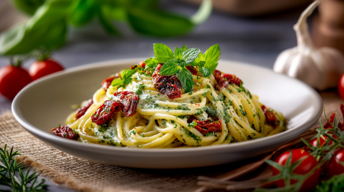 Ein Teller mit Pesto-Senf-Pasta auf einem braunen Unterleger. Vor dem Teller liegt etwas frischer Rosmarin sowie einige frische Tomaten. Im Hintergrund sieht man weitere Tomaten, etwas frischen Salat und eine Knoblauchknolle.