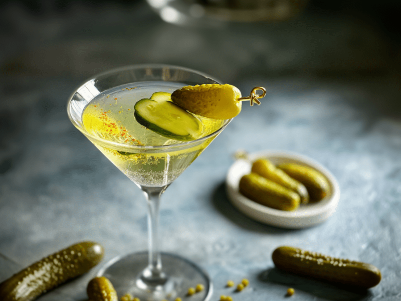 Ein Glas mit einem Pickletini, der mit Essiggurken garniert ist. Ringsum liegen Essiggurken lose und in einer Schale herum.