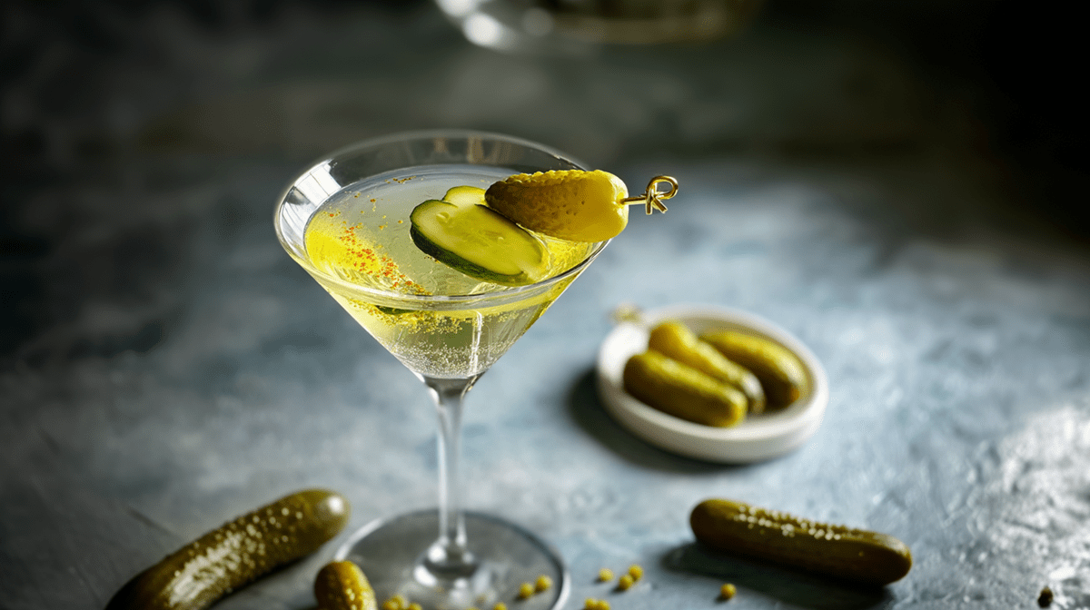 Ein Glas mit einem Pickletini, der mit Essiggurken garniert ist. Ringsum liegen Essiggurken lose und in einer Schale herum.