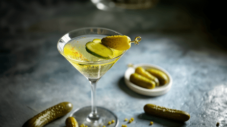 Ein Glas mit einem Pickletini, der mit Essiggurken garniert ist. Ringsum liegen Essiggurken lose und in einer Schale herum.