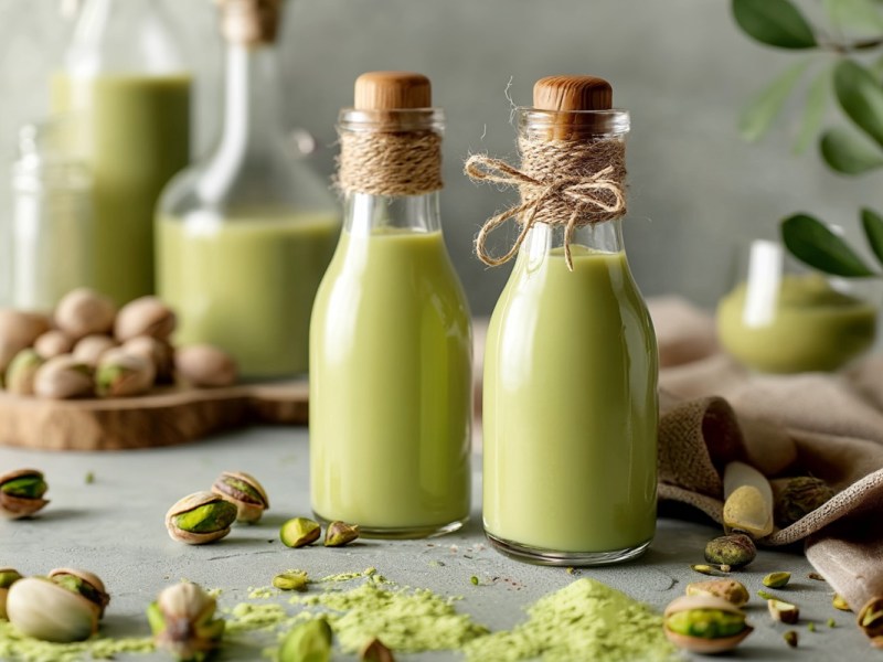 Mehrere Flaschen Pistazien-Likör.