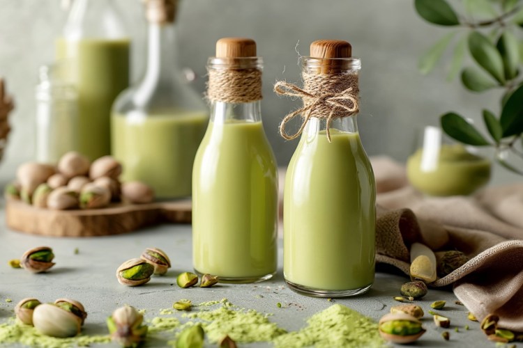 Mehrere Flaschen Pistazien-Likör.