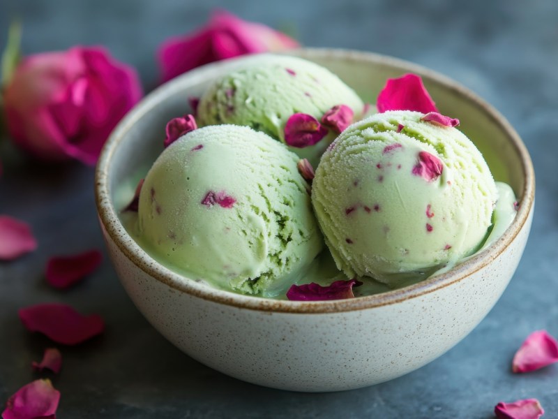 Drei Kugeln Pistazien-Rosen-Eis in einer hellgrünen Schüssel.