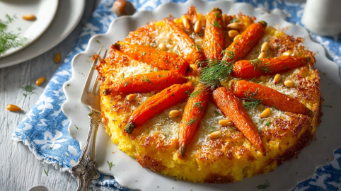 Polenta-Möhrenstern mit Parmesan auf einem gewellten Teller.