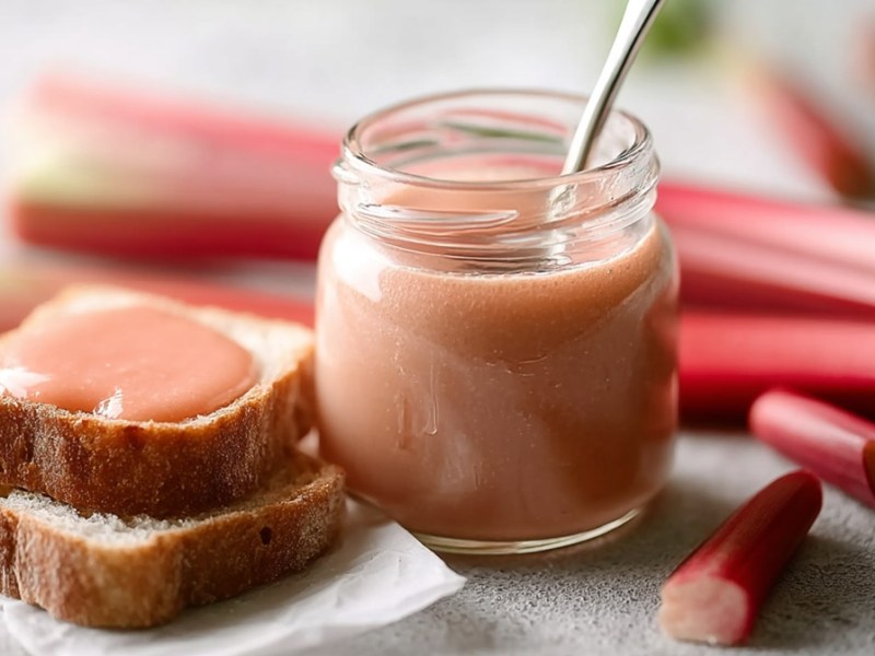 Glas mit Rhabarber Curd ohne Ei und ein Sandwich mit Rhabarber Curd bestrichen daneben