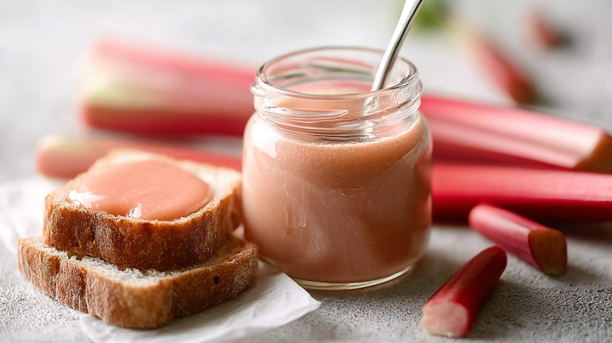Glas mit Rhabarber Curd ohne Ei und ein Sandwich mit Rhabarber Curd bestrichen daneben