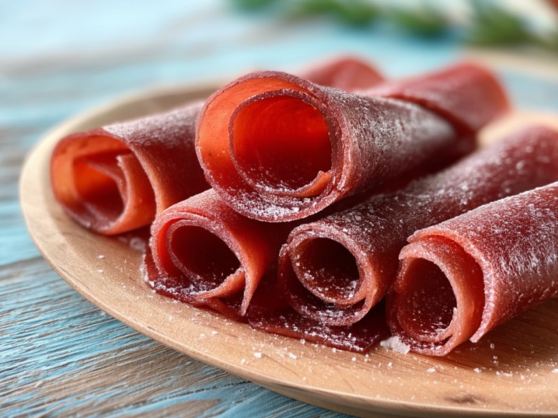 Selbstgemachtes Rhabarber-Fruchtleder auf einem Teller.