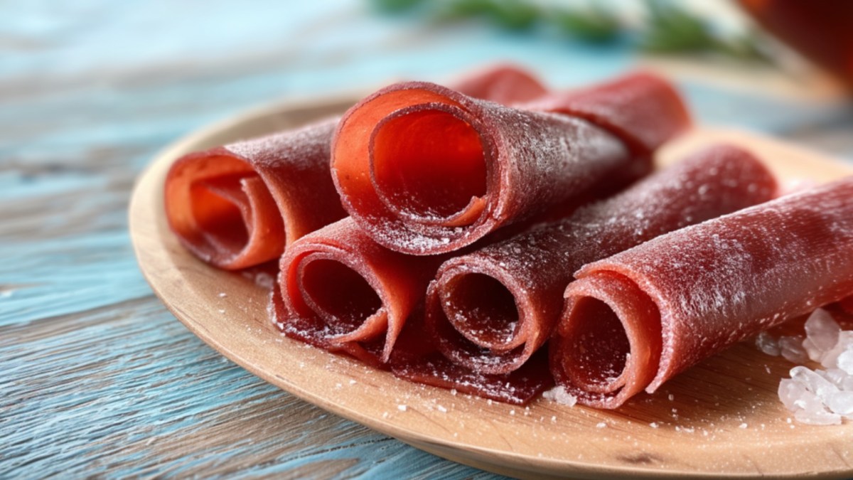 Selbstgemachtes Rhabarber-Fruchtleder auf einem Teller.