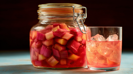 Ein Einmachglas mit Rhabarber-Gin, daneben ebendieser angefüllt in ein Glas mit Eiswürfeln.