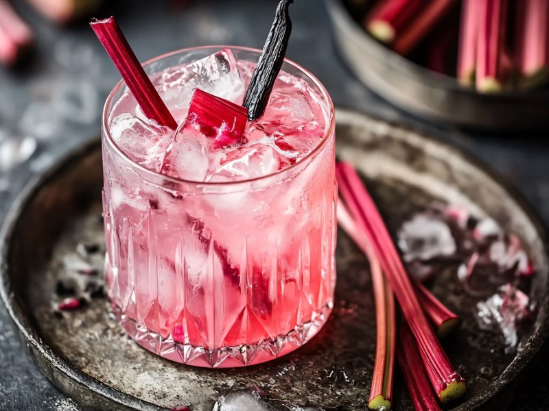 Glas Rhabarber Gin Tonic auf einem Tablett