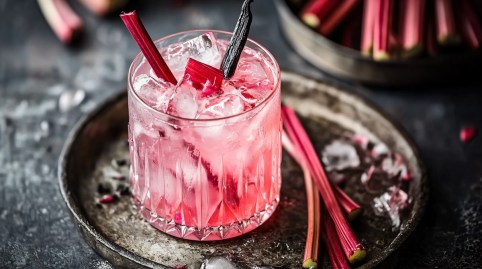 Glas Rhabarber Gin Tonic auf einem Tablett