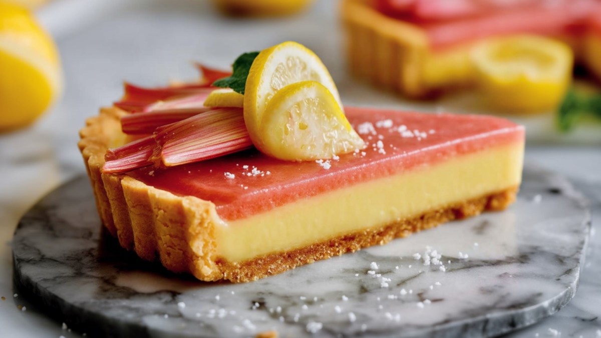 Ein Stück Rhabarber-Zitronen-Tarte.