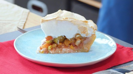 Ein Stück Rhabarbertarte mit Baiser au feinem Teller.