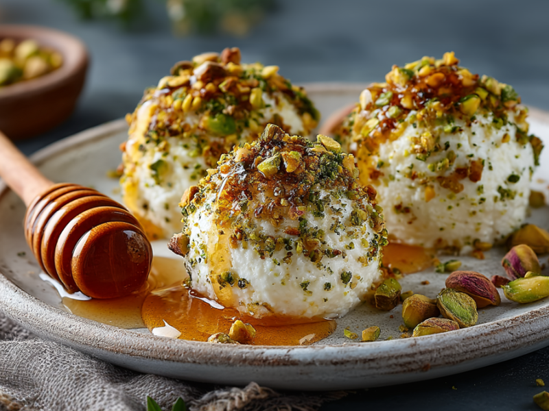 Ein Teller mit drei Ricotta-Bällchen mit Pistazien und Honig. Auf dem Teller liegt ein Honiglöffel aus Holz. Im Hintergrund kann man eine Schale mit Pistazien erahnen. Außerdem liegen einige gehackte Pistazien herum.