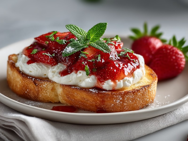 Eine Scheibe Ricotta-Toast mit Erdbeeren auf einem Teller. Nahaufnahme.