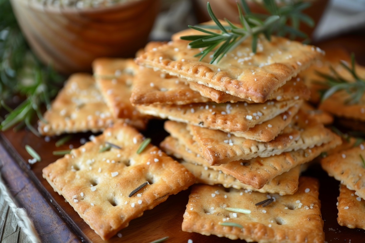 Ein Stapel Rosmarin-Cracker mit Olivenöl, garniert mit Rosmarin und Meersalz.
