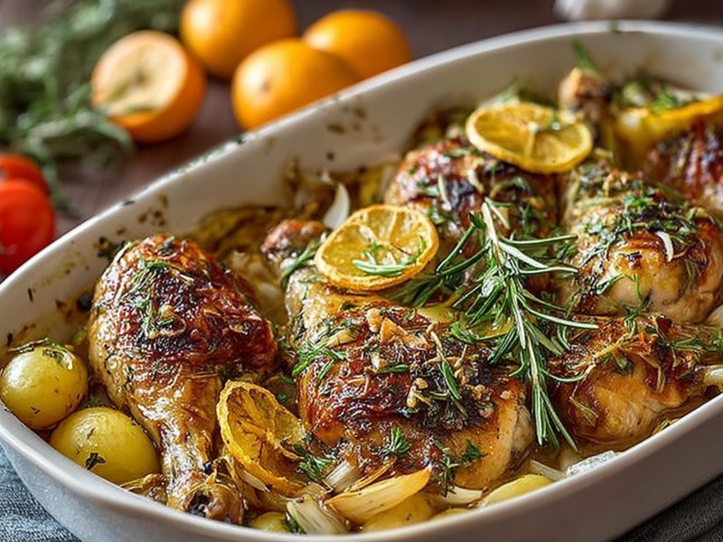 Auflaufform mit Rosmarin-Hähnchenschenkel mit Ofenkartoffeln