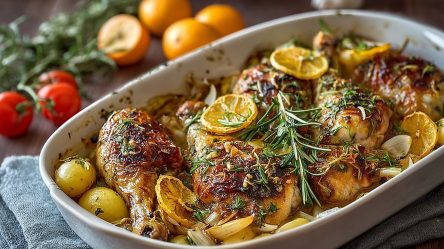 Auflaufform mit Rosmarin-Hähnchenschenkel mit Ofenkartoffeln