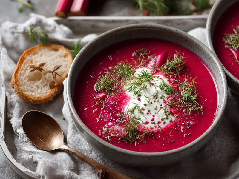 Ein Teller mit Rote-Bete-Rhabarber-Suppe, die mit Crème fraîche und frischem Dill garniert ist. Es ist außerdem ein zweiter Teller Suppe erkennbar im Bild. Ringsum liegt frische Brotscheiben und ein Löffel.