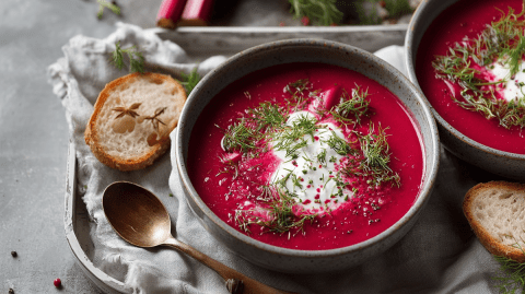 Ein Teller mit Rote-Bete-Rhabarber-Suppe, die mit Crème fraîche und frischem Dill garniert ist. Es ist außerdem ein zweiter Teller Suppe erkennbar im Bild. Ringsum liegt frische Brotscheiben und ein Löffel.