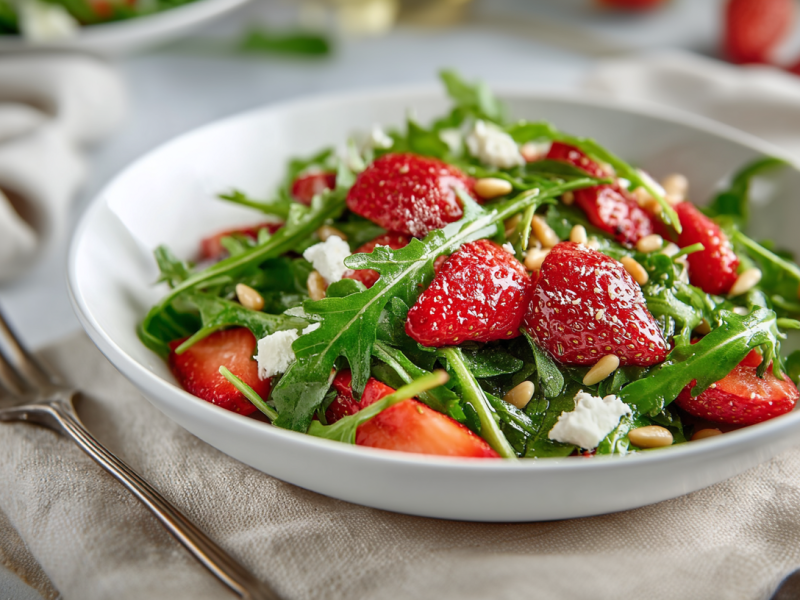 Eine weiße Schale mit Rucola-Erdbeersalat auf einem beigen Tuch. Neben der Schale liegt eine Gabel auf dem Tuch. Im Hintergrund ist noch eine Schüssel sowie weitere Erdbeeren zu sehen.