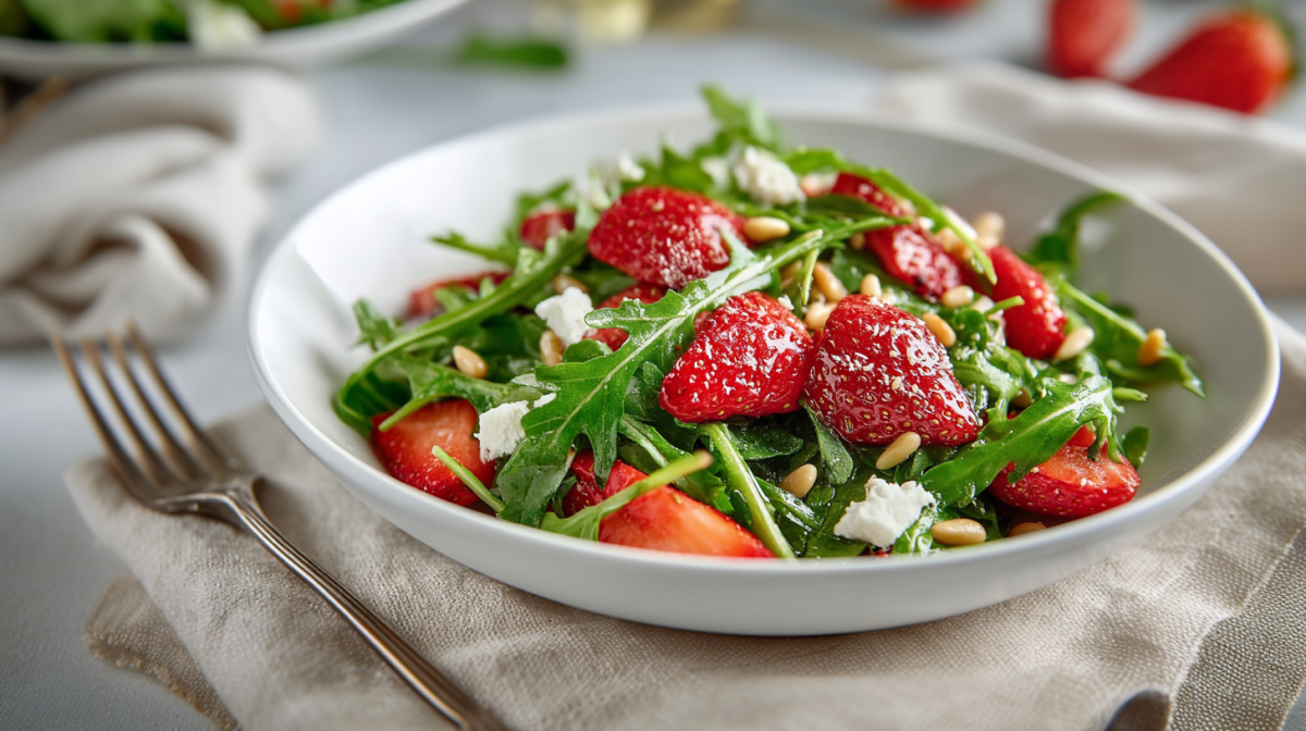 Eine weiße Schale mit Rucola-Erdbeersalat auf einem beigen Tuch. Neben der Schale liegt eine Gabel auf dem Tuch. Im Hintergrund ist noch eine Schüssel sowie weitere Erdbeeren zu sehen.