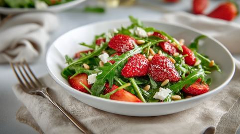 Eine weiße Schale mit Rucola-Erdbeersalat auf einem beigen Tuch. Neben der Schale liegt eine Gabel auf dem Tuch. Im Hintergrund ist noch eine Schüssel sowie weitere Erdbeeren zu sehen.