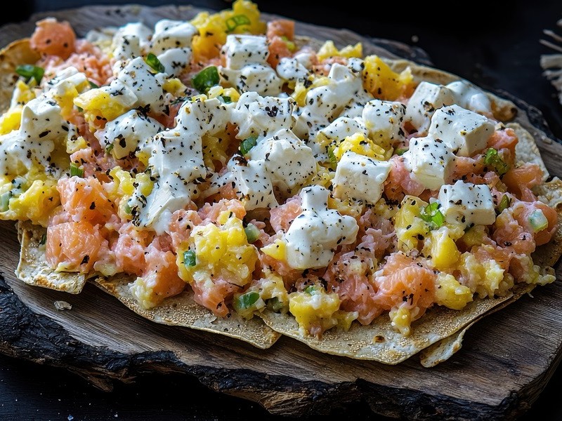 Knäckebrot mit Rührei mit Räucherlachs und Feta