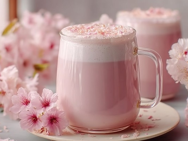 Zwei Gläser Sakura Latte mit Kirchblüten drumherum