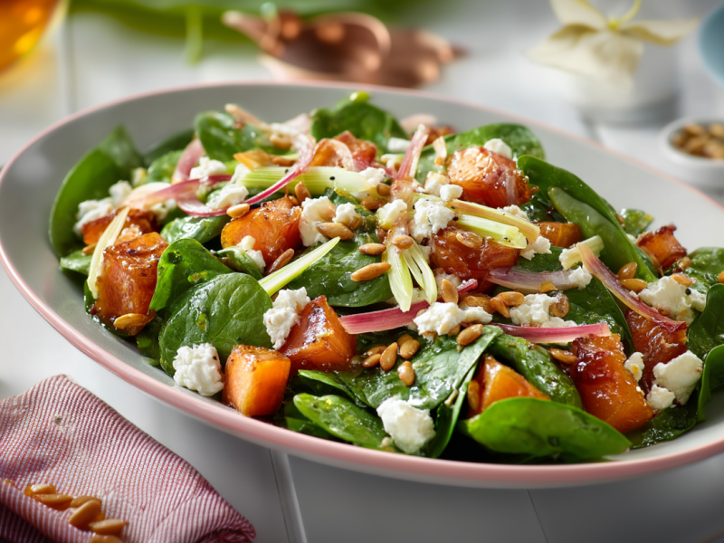 Salat mit gebackenem Rhabarber auf einem Teller. Im Hintergrund sieht man Öl, weitere Sonnenblumenkerne und noch einen Teller mit dem Salat. Neben dem Teller liegt ein Tuch mit einigen Sonnenblumenkernen.