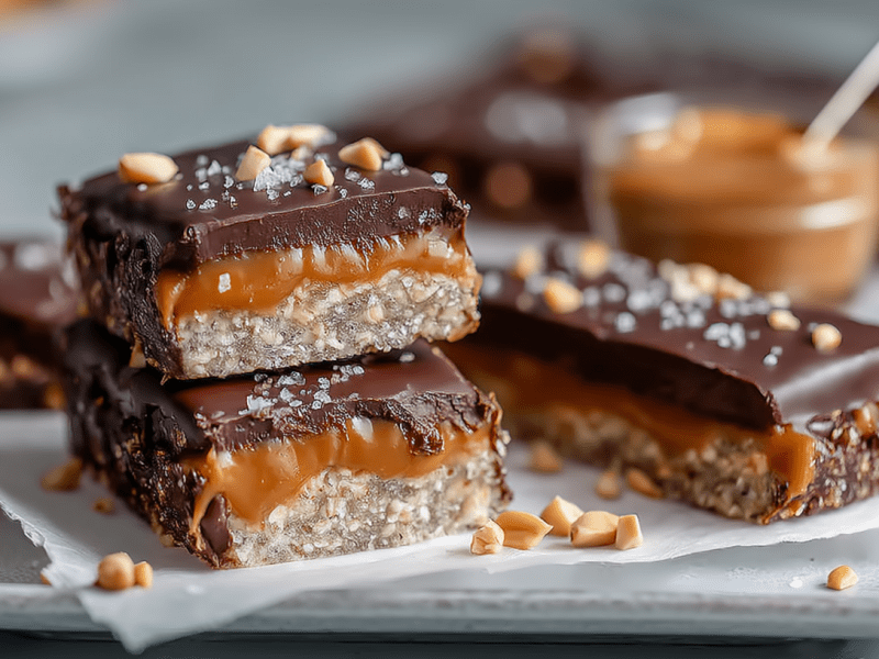Mehrere Salted Caramel Riegel liegen auf einem Stück Backpapier auf einem Teller. Drumherum sind ein paar Nüsse verteilt. Im Hintergrund steht eine Schale mit Erdnussmus.