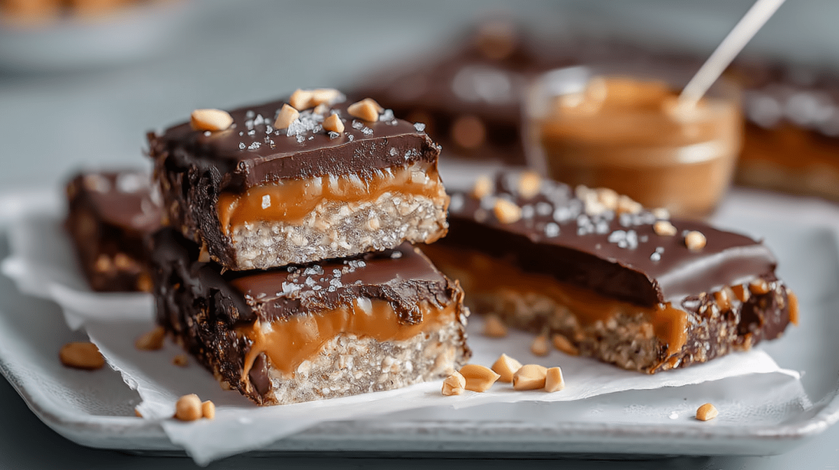 Mehrere Salted Caramel Riegel liegen auf einem Stück Backpapier auf einem Teller. Drumherum sind ein paar Nüsse verteilt. Im Hintergrund steht eine Schale mit Erdnussmus.