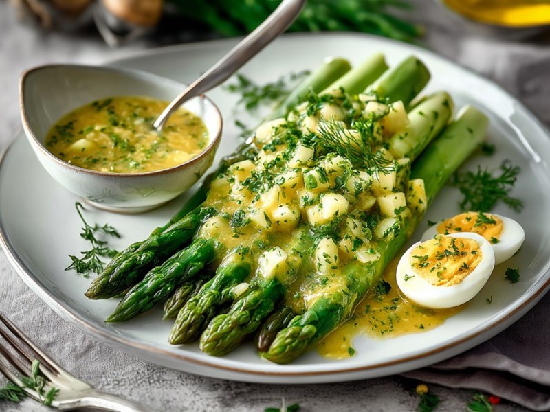 Teller mit grünem Spargel und Sauce Gribiche