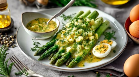 Teller mit grünem Spargel und Sauce Gribiche